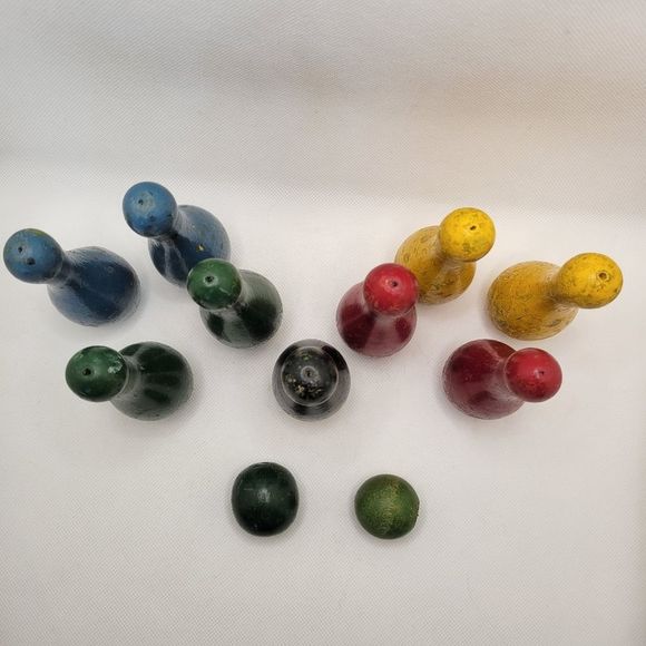 Mid-Century Wooden Toy Bowling Pin and Ball Set 1950s Rainbow - Picture 9 of 12